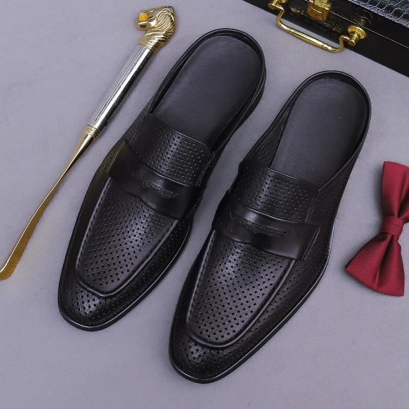 

Модные полуботинки с закрытым носком для мужчин, черные мюли, тапочки слипоны из натуральной коровьей кожи с перфорацией, плоские сандалии, мужские, лето 2025 38 чёрный