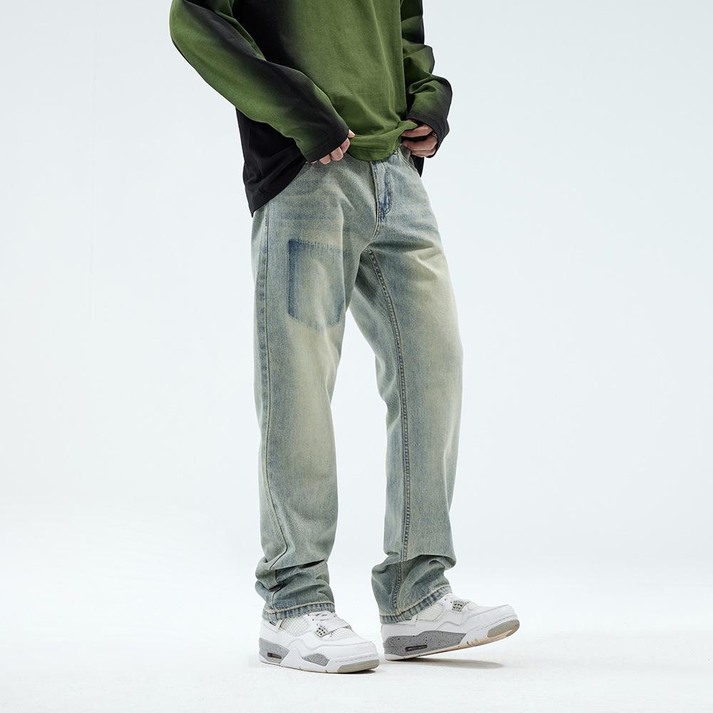 American street washed contrasting jeans men's and women's versatile retro straight-leg pants high street old casual trousers