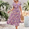 Women Summer Dress Flower Print A Line Loose Hem Patchwork Short Sleeves Irregular Short Sleeve Split Hem Lace Up High Waist Lady Midi Dress