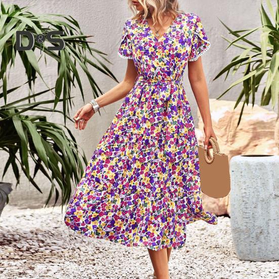 Women Summer Dress Flower Print A Line Loose Hem Patchwork Short Sleeves Irregular Short Sleeve Split Hem Lace Up High Waist Lady Midi Dress