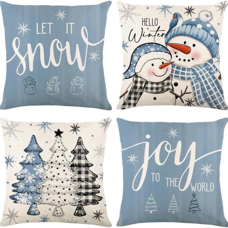 4 PC Reversible Christmas Pillow Covers Set - Santa Snowman Linen Blend Sofa Decor Festive Home Accents