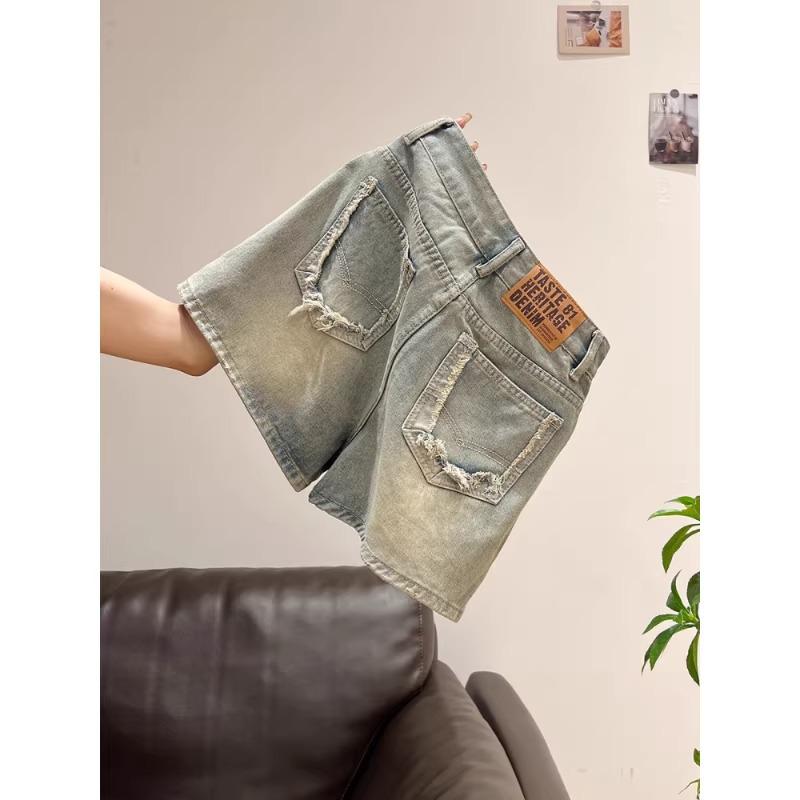 Women's Frayed High-Waisted A-Line Denim Shorts, Summer 2026, Thin, Loose, Plus Size, Wide-Leg Hot Pants