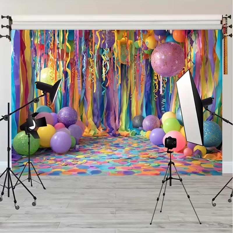 2D Bright Multicolor Confetti Backdrop with Balloons for Birthday Party Banner