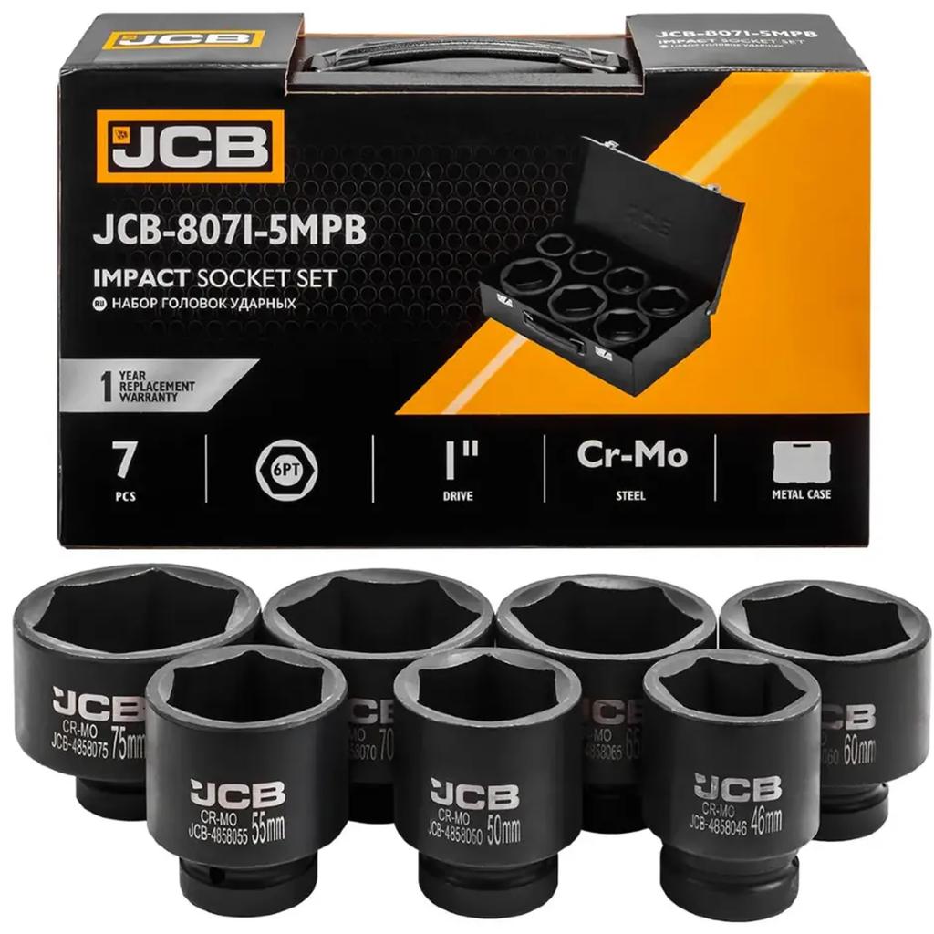 JCB 1" Cr-Mo 6-Point Impact Socket Set 7 Pieces 46-75mm