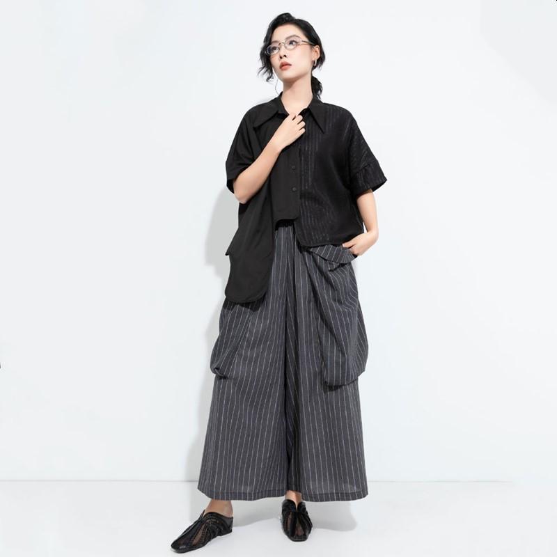 Cotton plus size summer vintage stripe High Waist wide leg Pants Women Loose Casual Trousers