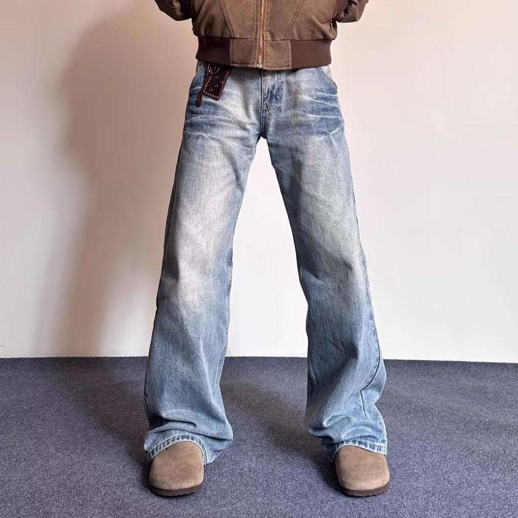 High Street Denim Pants For Men, Retro Distressed, Loose Straight Leg Pants, Wide Leg Sports Pants, Trendy