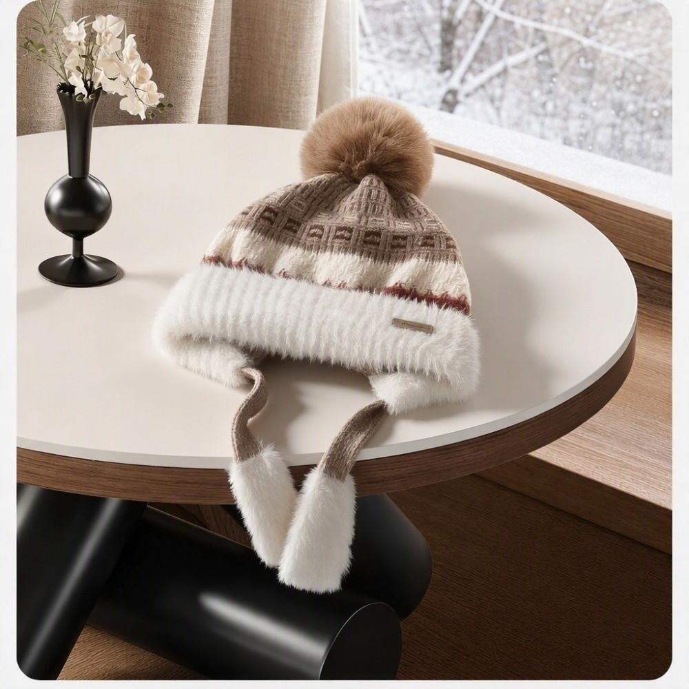 Pom Pom Ear Flap Hat Face Slimming Thick Plush Lined Hat Fair Isle Knitted Hat Outdoor Activities
