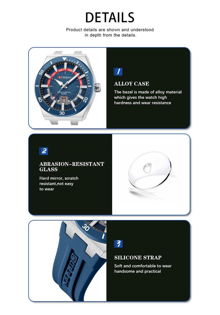CURREN 8491 Men's Waterproof Quartz Watch with Rubber Strap and Calendar