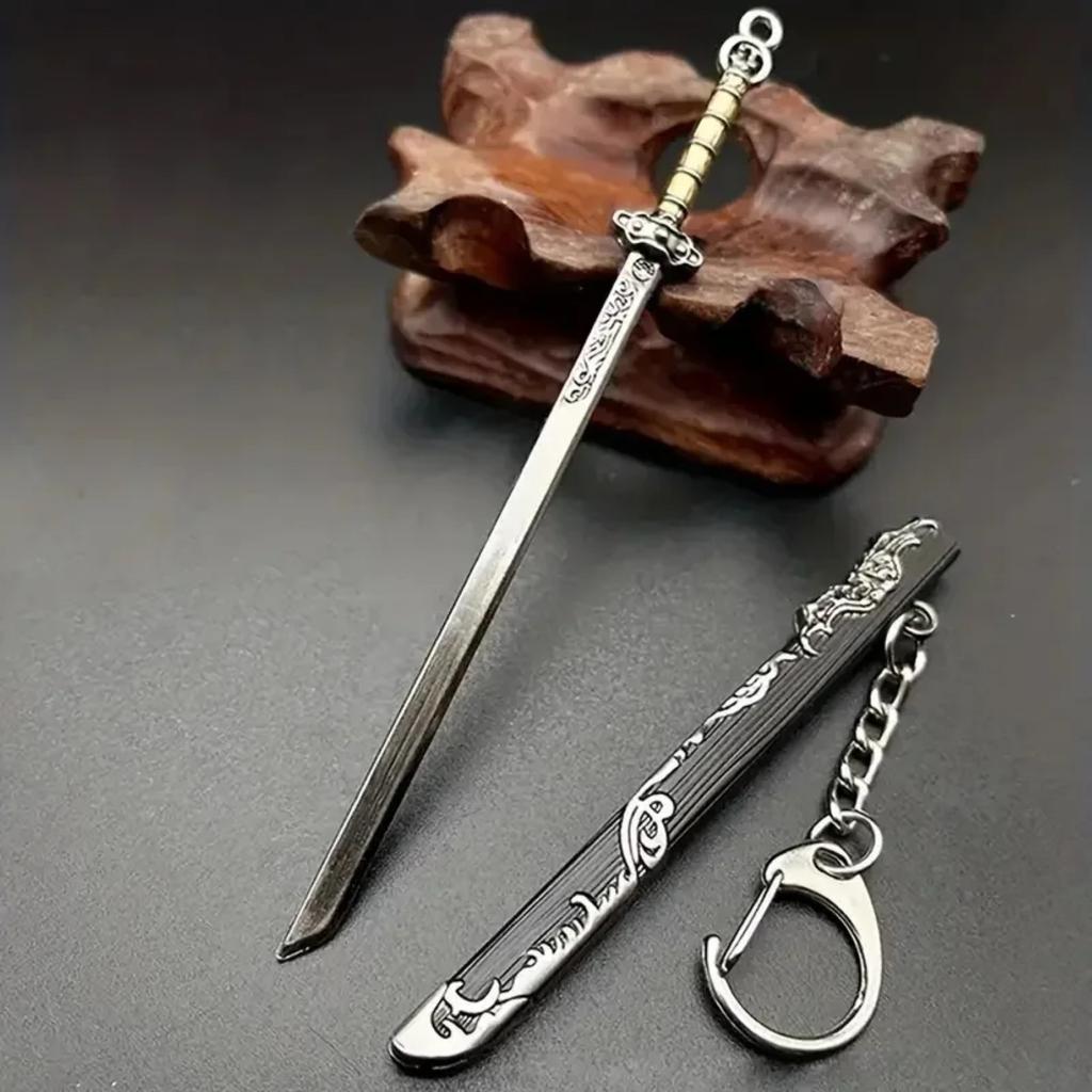 1pc Mini Sword Shape Pendant Keychain Weapon Model With Sheath Toy Knife Metal Anime Key Ring Ornament Purse Charm Accessories