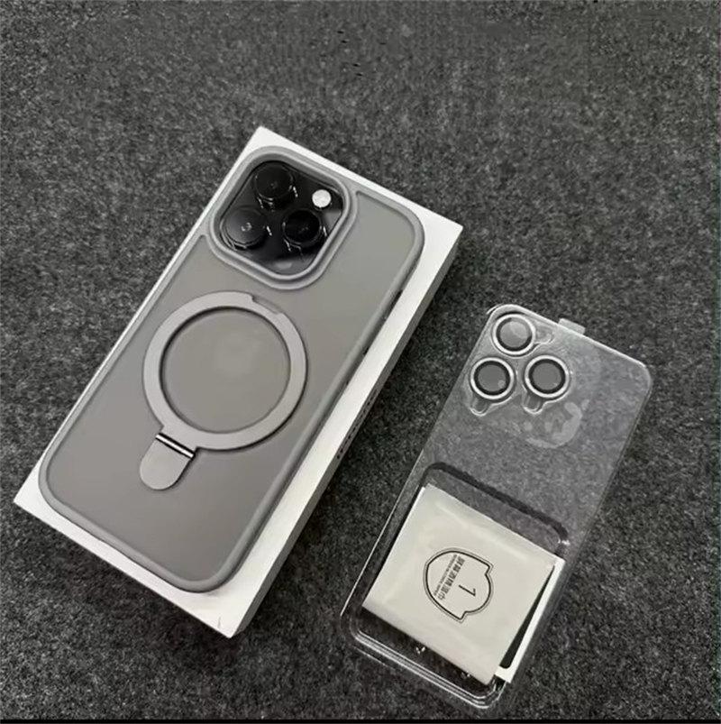 

Металлический чехол-подставка с кольцом и матовым магнитом для Magsafe IPhone 16 15 14 13 12 11 Pro Max Plus 15Pro i15 с защитой объектива Mac Safe Cover iPhone 15 Pro Max серый