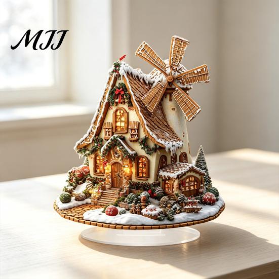 Waterproof Acrylic Holiday Crafts Gingerbread Log Cabin Ornament, 2D Table Decoration, Standing Christmas Ornaments Double Sided for Home Party