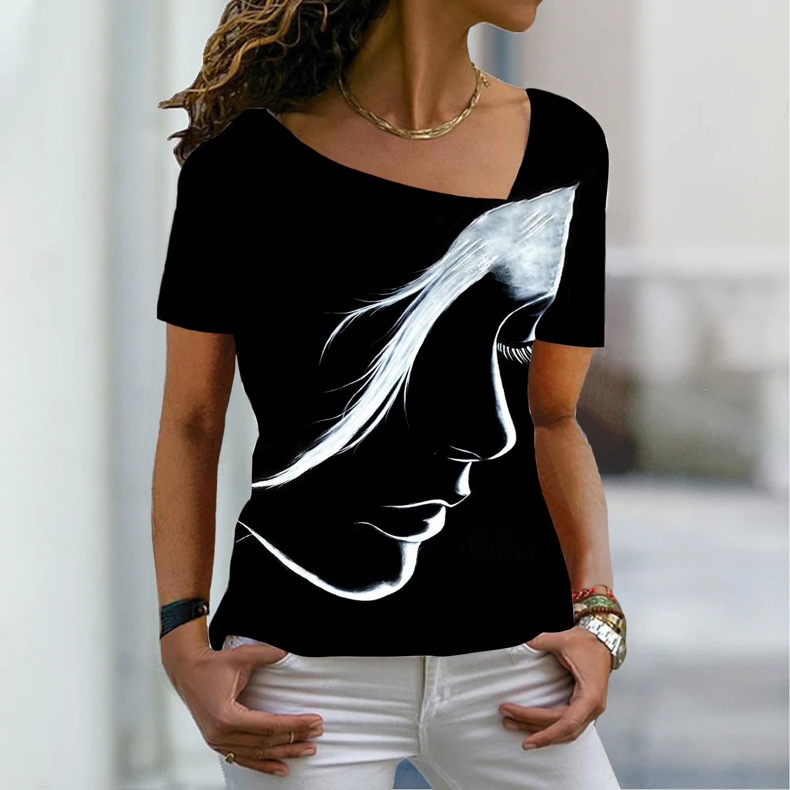 

Женская мода, новая ретро-футболка с принтом лица, футболка с короткими рукавами и v-образным вырезом, базовая рубашка, топ, летний топ XS-8XL/3D печать L