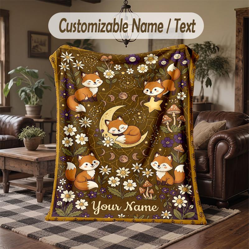 Foxes Moonlit Forest Theme Throw Blanket Custom Name Text Personalized Blanket Soft Cozy Blanket for Home Sofa Bed
