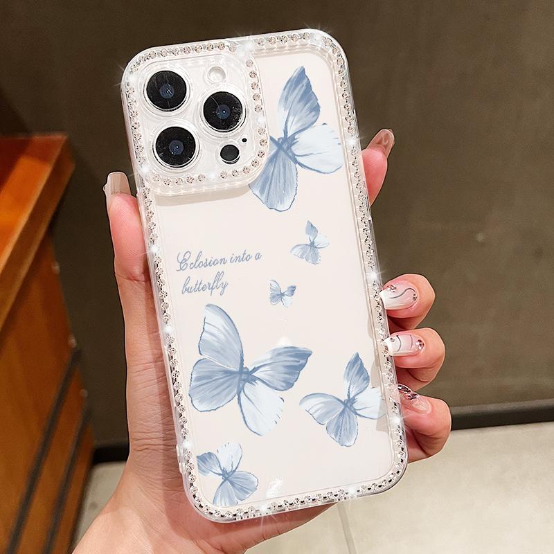 For iPhone 16 Pro 16E 15 Pro Max 14 13 12 11 Phone Case Diamond Frame Butterfly Print Clear Shockproof Soft Silicone Anti-Fall Bumper Cover