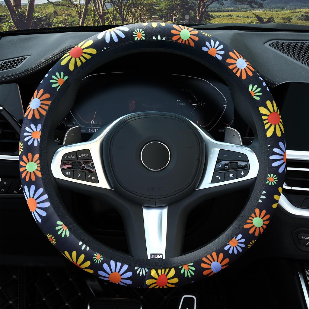 Car steering wheel cover Elastic Floral Steering Wheel Cover- No Inner Ring Breathable Non-Slip Ultra-Thin Auto Handle Accessory