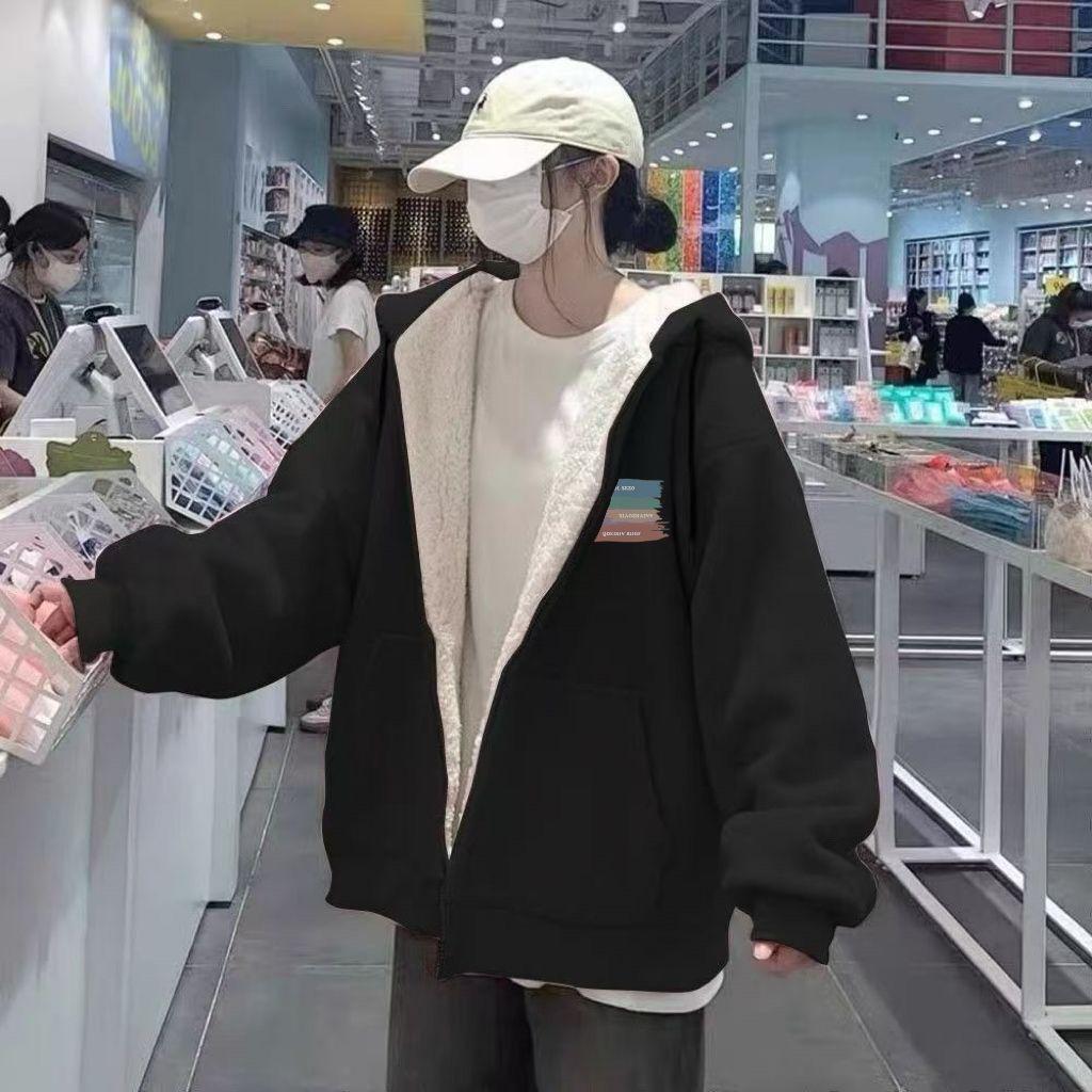 Women's Lambswool Hooded Sweatshirt - Winter 2025 Style, Plus Velvet, Thickened, Loose Cardigan, Trendy and Warm Outerwear for Students.
