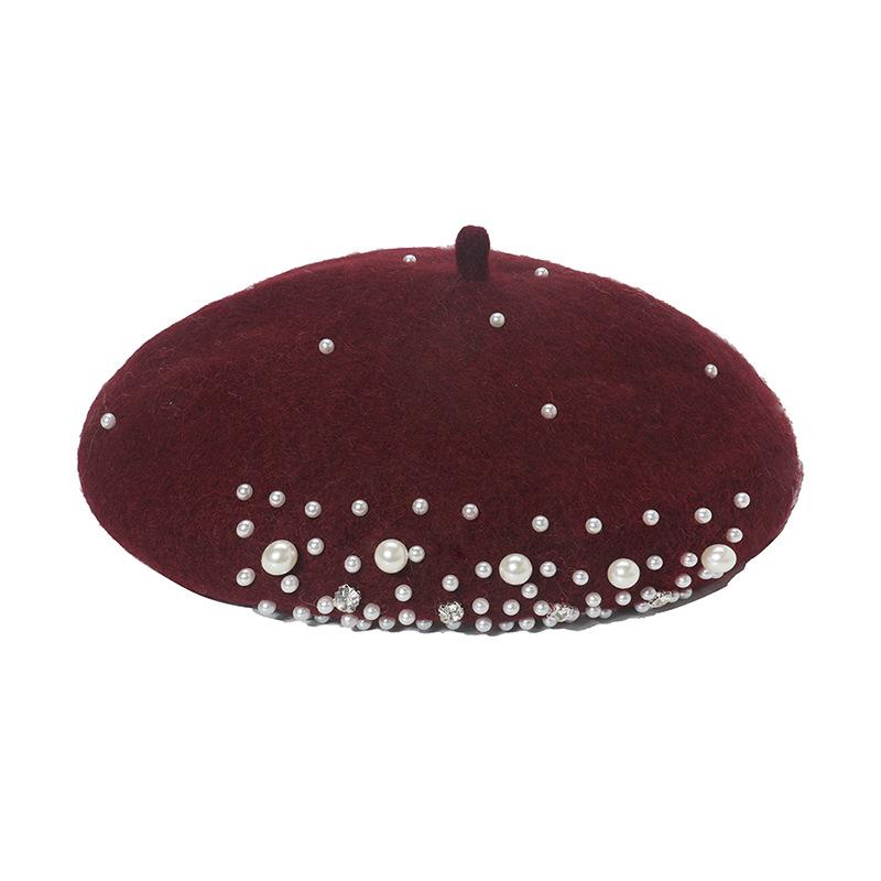 Women Fashion Wool Beret Custom Elegant Girls Beret with Pearl Rivets Wool Beret for Lady