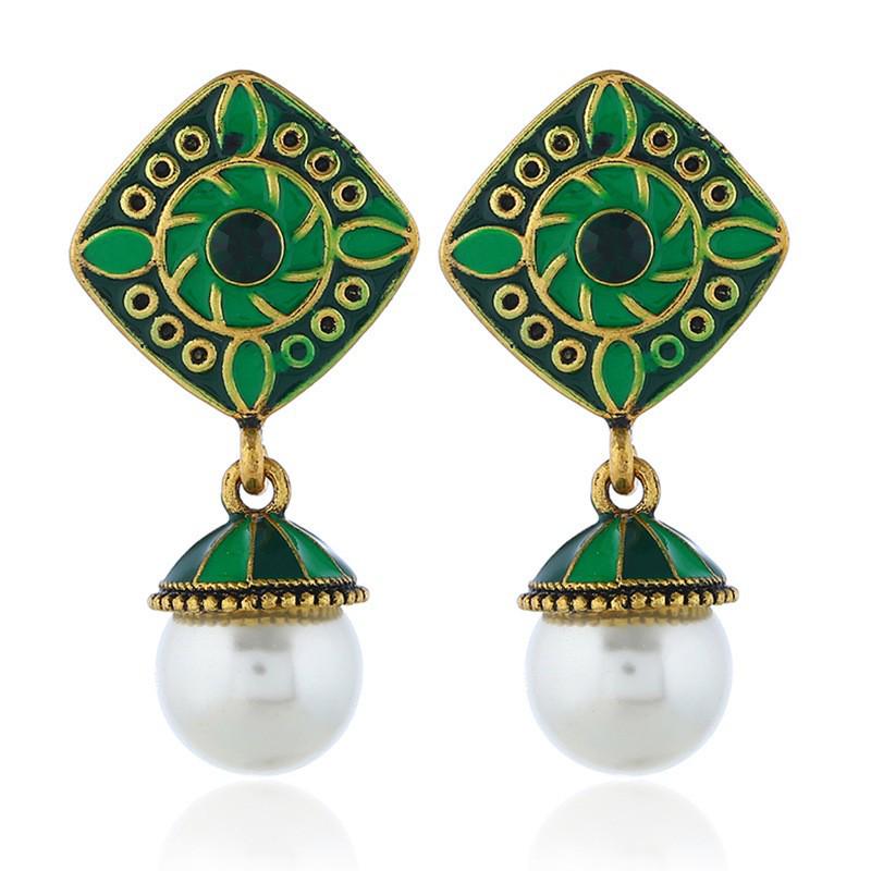 Retro Indian Alloy Rice Bead Tassel Earrings with Scenic Design