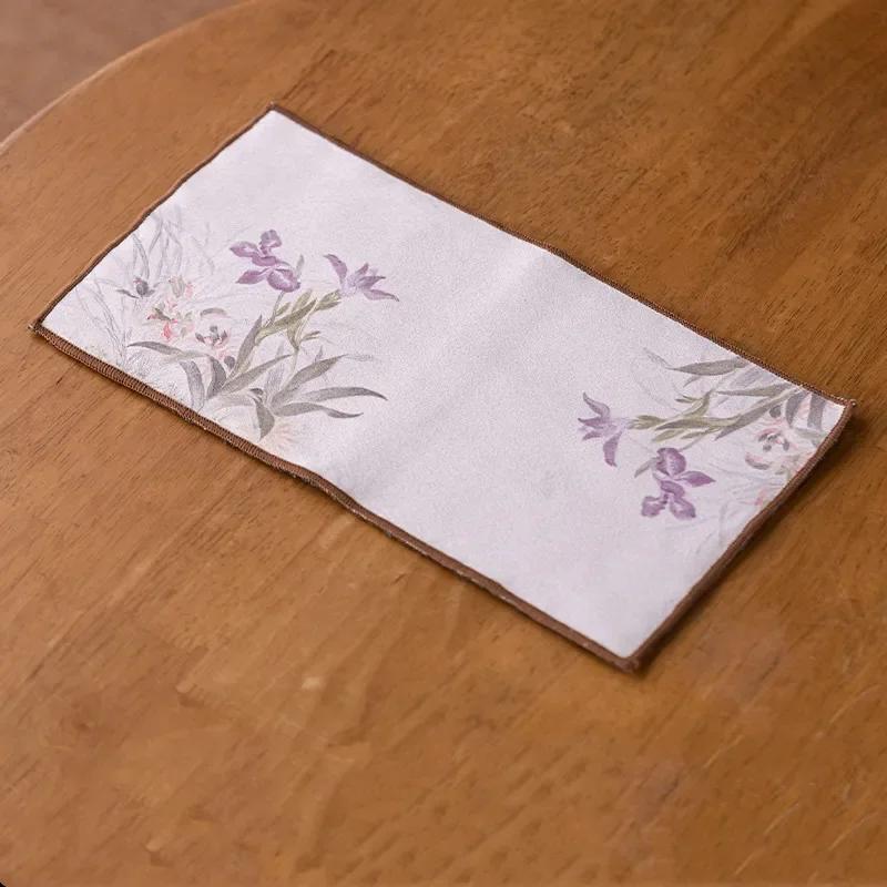 Chinese Flower Pattern Tea Towel Plush Absorbent Water Rag Tea Napkins Coaster Imitation Deerskin Towel Tea Set Accessories