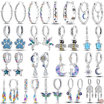 Hoop Earrings 925 Silver Starry Moon Feather Blue Shiny Zircon Inlaid Drop Earrings Women Fashion Jewelry Gift