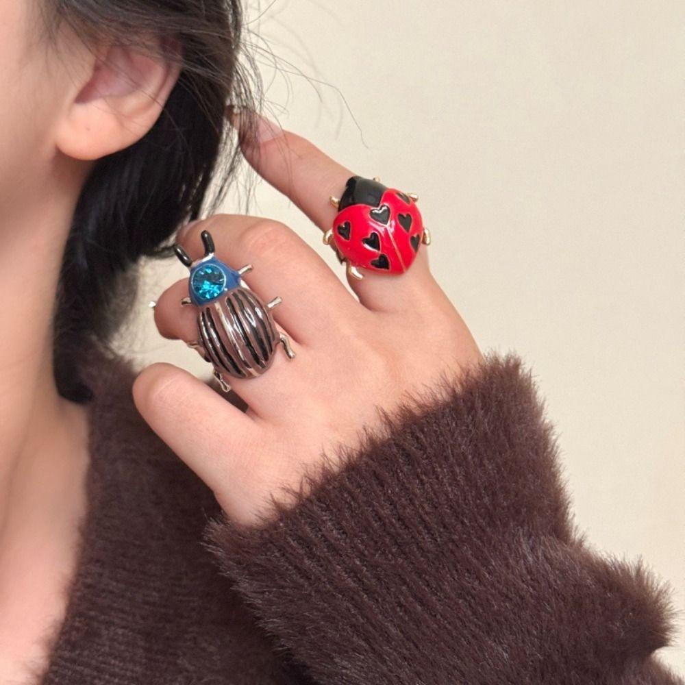 Geometric Ladybird Drip Oil Ring Insect Chunky Enamel Ring Personality Painting Ring  Gift