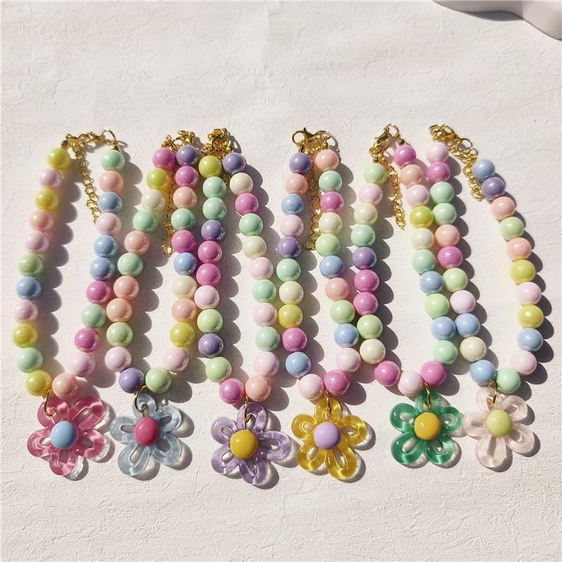 Handmade Color Beaded Pet Necklace Cute Flower Accessories Acrylic Cat and Dog Accessories Princess Style Decorative Collar