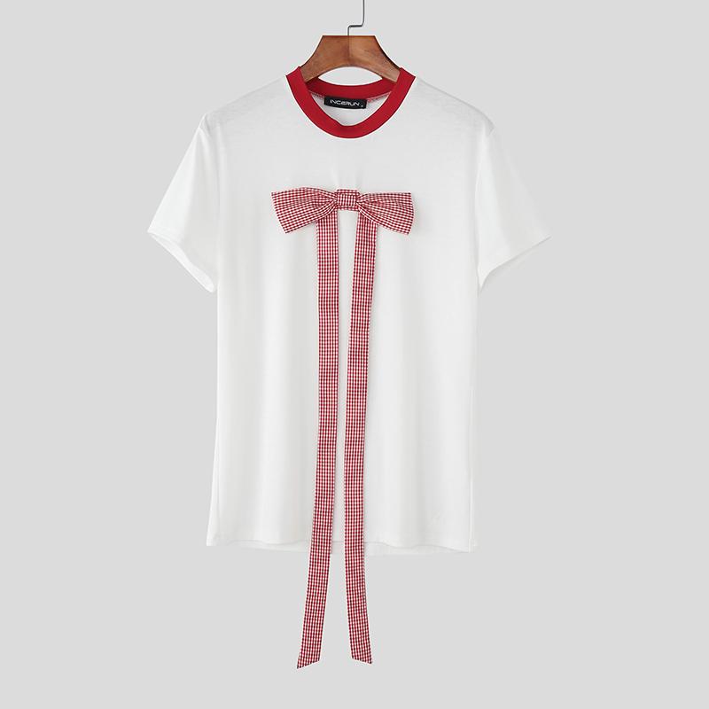 

INCERUN Мужские футболки с коротким рукавом, пэчворк с бантом, повседневные, облегающие, топы 5XL