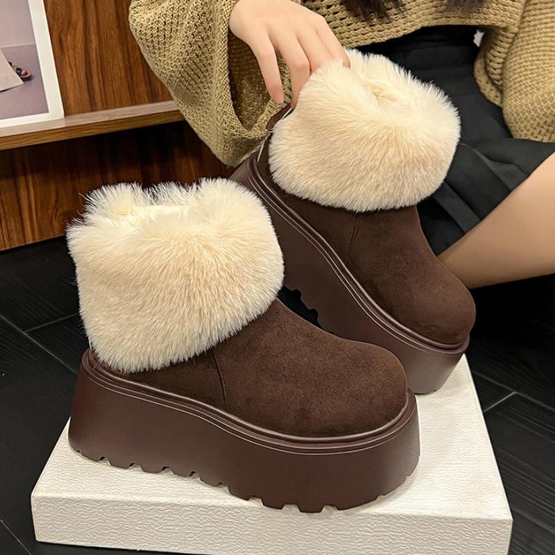 New Winter Chunky Platform Flats Women Fur Snow Boots Concise Height Increase Shoes Ladies Dress Keep Warm Cotton Short Booties