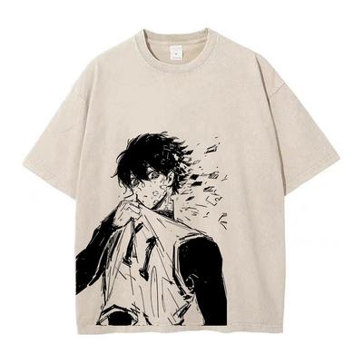 Anime Blue Lock Wash Tshirts Men Vintage Washed T Shirt Harajuku Oversize Cotton Tee Cotton Fashion Streetwear  Top