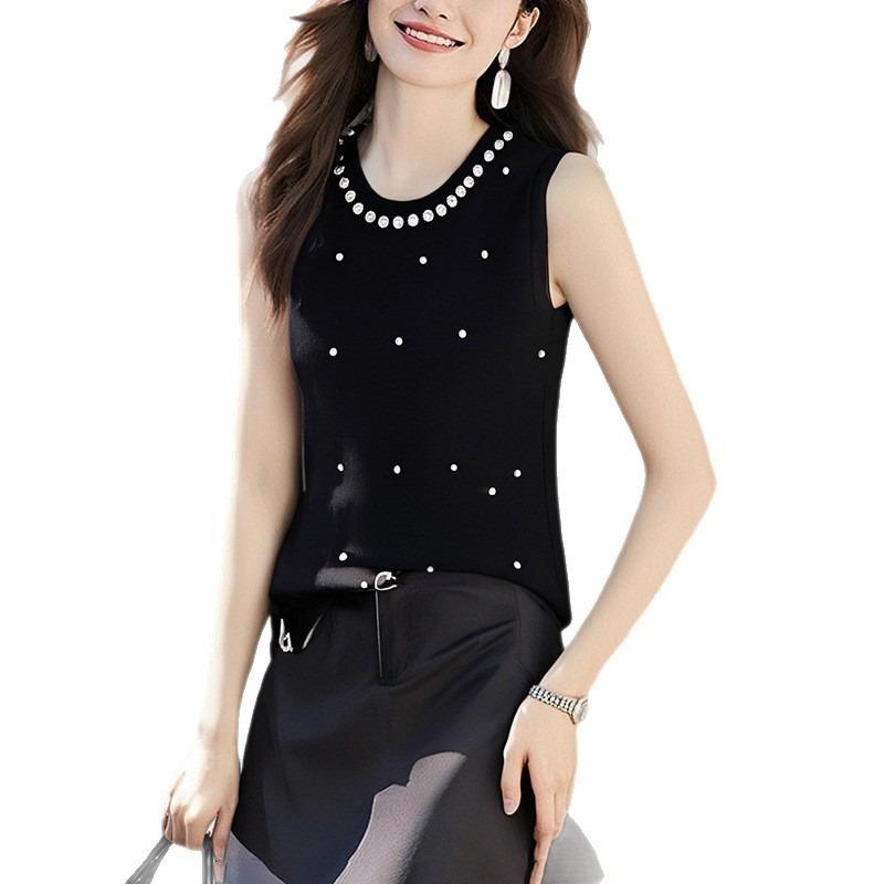 Summer New Round Neck Beaded Vest Women's Knitted Sweater
