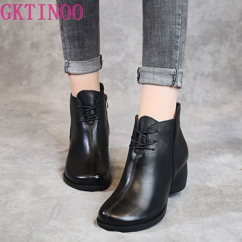 Fashion GKTINOO Spring Autumn Women Boots Genuine Leather Thick Heels Ankle Boots For Women Shoes Retro Handmade Zipper Short Boots
