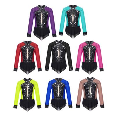 Mädchen Glitzernder Strass Turnanzug Colorblock Transparentes Mesh Patchwork Rocked Bodysuit für Tanz Eiskunstlauf Rhythmische Sportgymnastik Aufführung