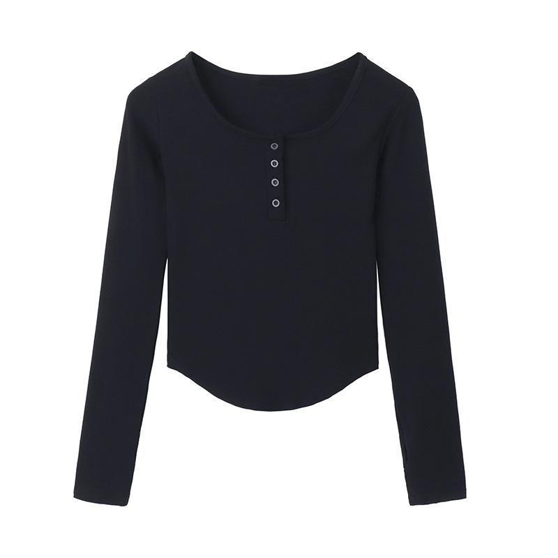 Codzienny Dopasowany Uniwersalny Do Noszenia Pod Spód Jednolity Kolor Guziki Ozdobiony Dekolt U Długi Rękaw Koszulka Bazowa Top