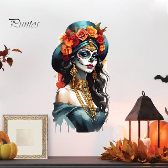 DIY Holiday Party Scene Layout Mexican Katrina Skeleton Girl Wall Sticker, Day of The Dead Artistic Portrait Decals Decal, Waterproof PVC Cling