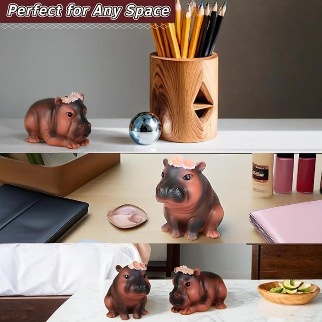 Resin Figurine for Home Decor, Cute Hippo Statue with Flower Crown, Desk Ornament, Hippo Figurine for Living Room, Office, Bookshelf Decor