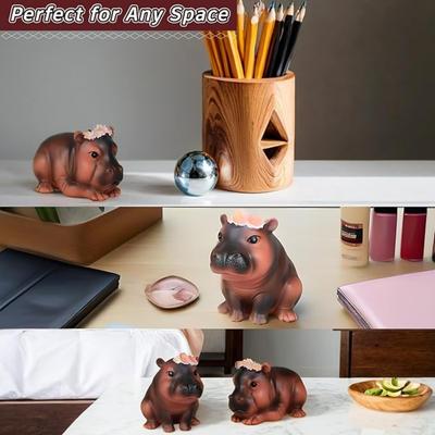 Resin Figurine for Home Decor, Cute Hippo Statue with Flower Crown, Desk Ornament, Hippo Figurine for Living Room, Office, Bookshelf Decor