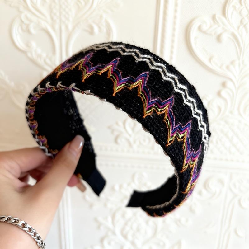 Богемная ажурная вязаная льняная повязка на голову для женщин - Нишевый дизайн с высокой короной чёрный