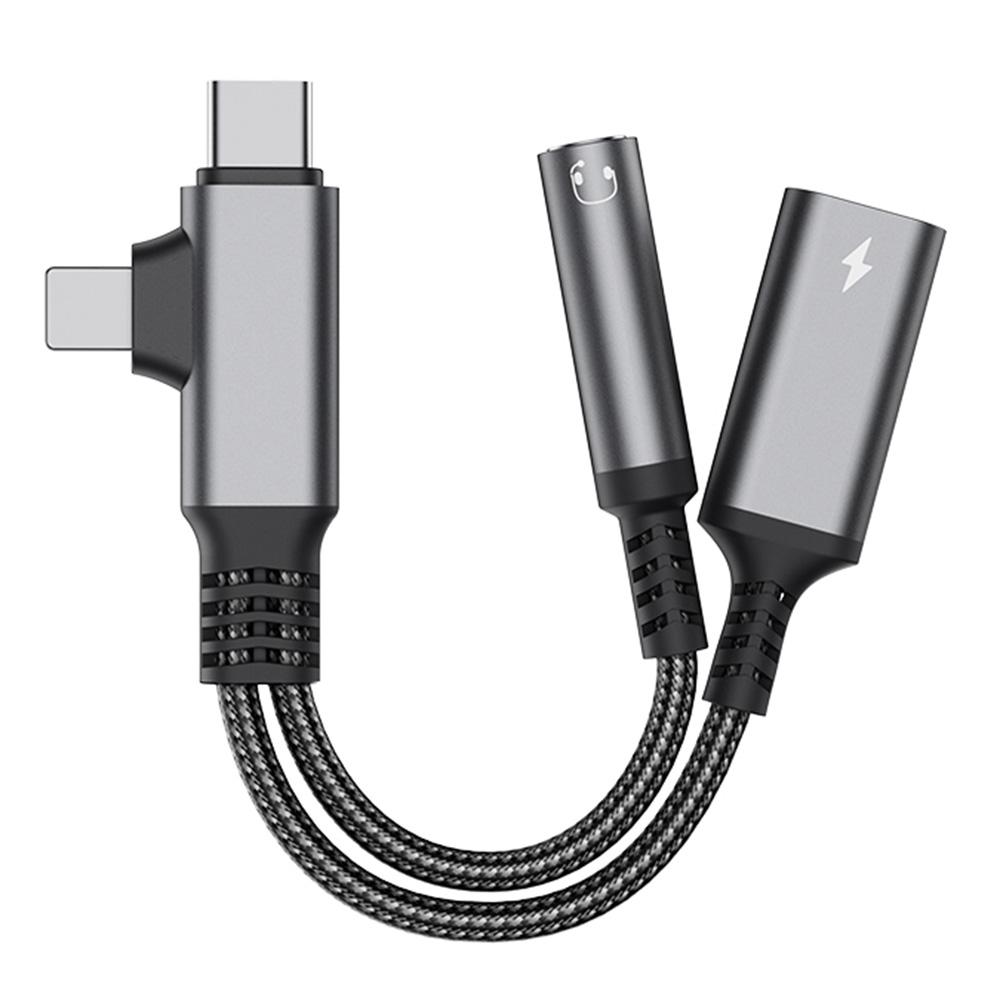 L-Shaped iP/USB-C to 3.5mm Female + Type-C Charging Cable Audio Charging Adapter