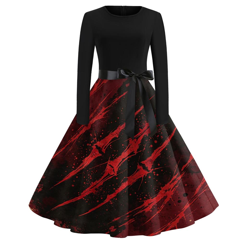 Women's Retro Halloween Print Long Sleeve Neck Casual Dress for Fall Party