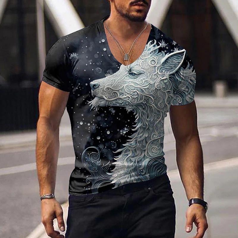 Oversized Animal T-shirt Unisex Black Tees Lion Print Shirts Pattern V-neck Tops Fashion Casual Short Sleeve Summer Unisex's Clothing