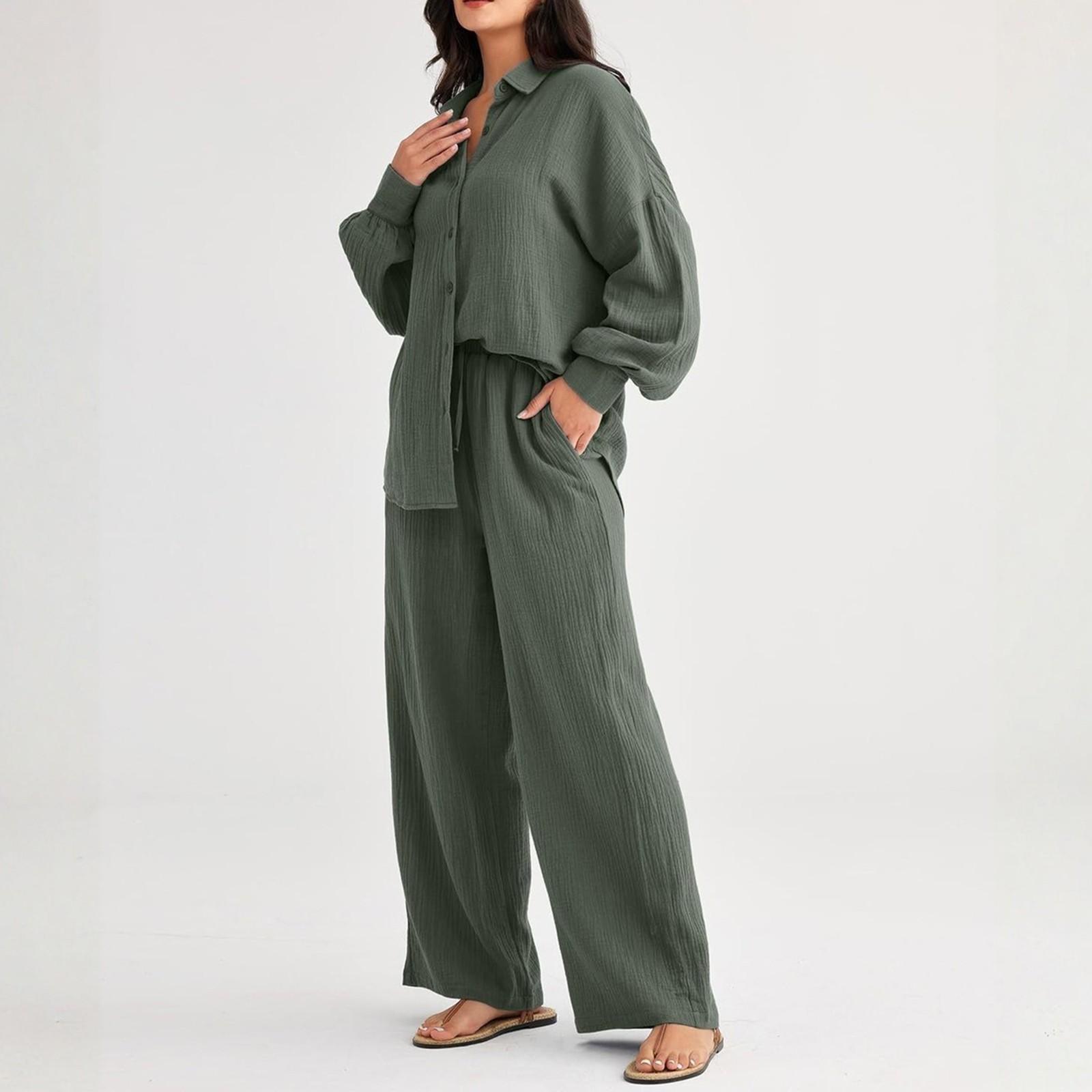 

Женский модный костюм Свободный повседневный топ Брюки с широкими штанинами Однотонный комплект из двух предметов L армия зеленый