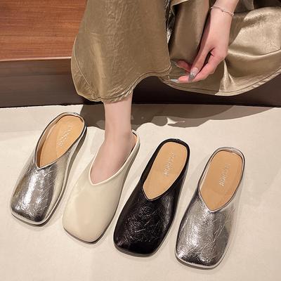 Fashion Concise Mules Shoes Cover Toe Outdoor Slippers Women Genuine Leather Low Heels Summer Sandals Party Golden Shoes