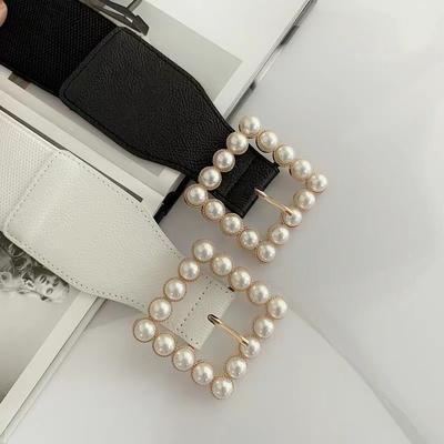 A New Women's Dress with Sweet Pearl Elastic Elasticity, Wide Cinched Waist and Waist Seal, Fashionable Ins Style Belt for Ladies