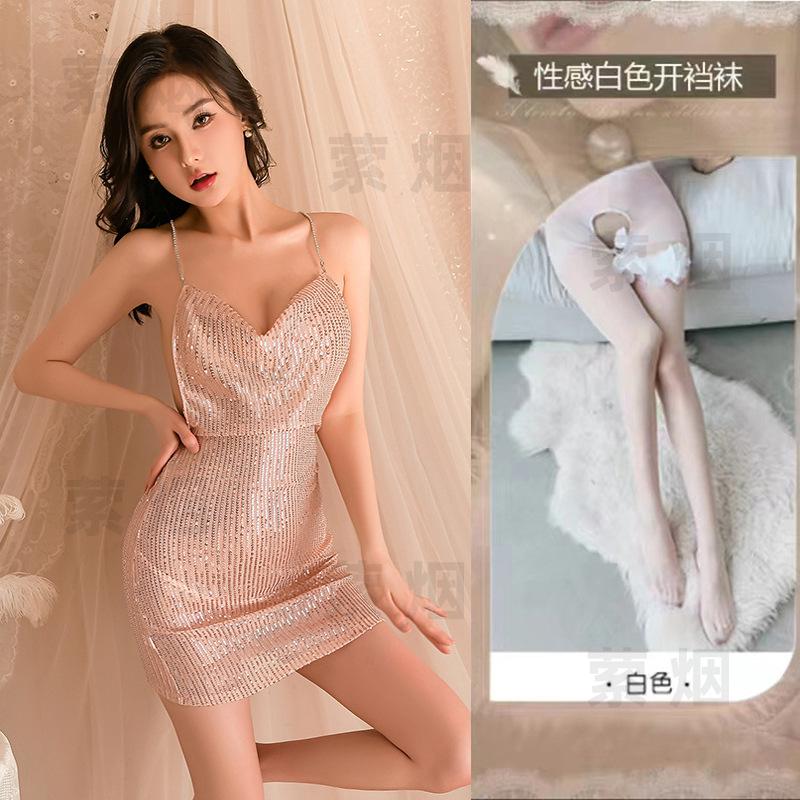 Deep V breast suspender nightdress hot sexy flash nightdress uniform suit halter cos hip skirt