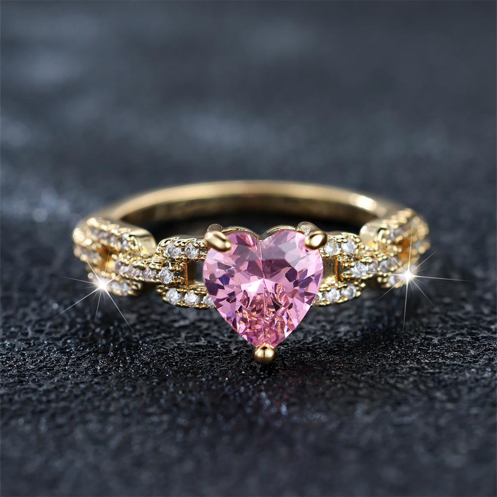 Pink Diamond Heart Ring Heart-Shaped Simple Luxurious Elegant  Jewelry for Women