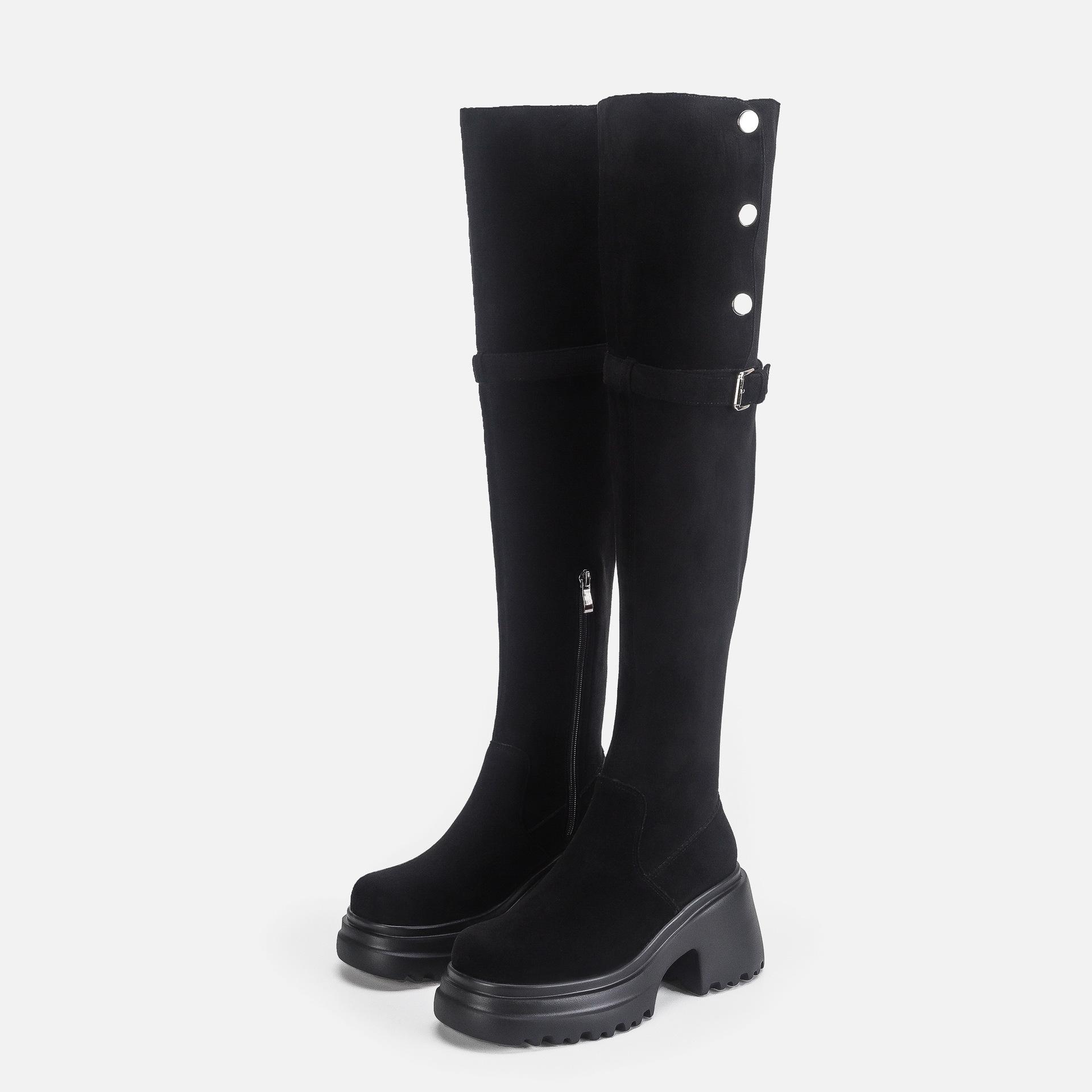 Винтажные ковбойские сапоги в западном стиле женские черные замшевые ботфорты зимние сапоги складывающиеся для двух вариантов носки рыцарские сапоги на толстой подошве 35 4973₽