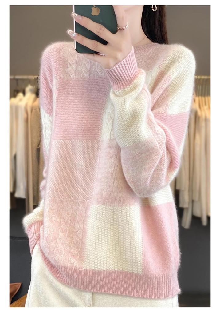 Women's Color Block Plaid Wool Sweater - Round Neck, Thickened Loose Fit, Cashmere Knit Base Layer for Autumn/Winter.