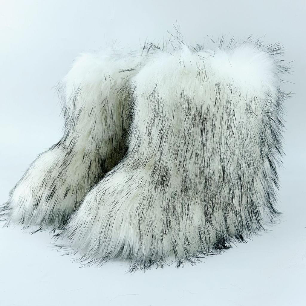 Vintage-Inspired Women's Fuzzy Boots | Brown & Black Faux Fur, Retro Trendy Warm Winter Ankle Footwear