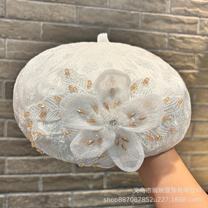 Lace rhinestone flower beret children summer thin mesh versatile painter hat big head circumference newsboy hat