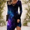 Women Cross V Neck Long Sleeve Dress Purple Pink Galaxy Swirl Print Irregular Hem Dress